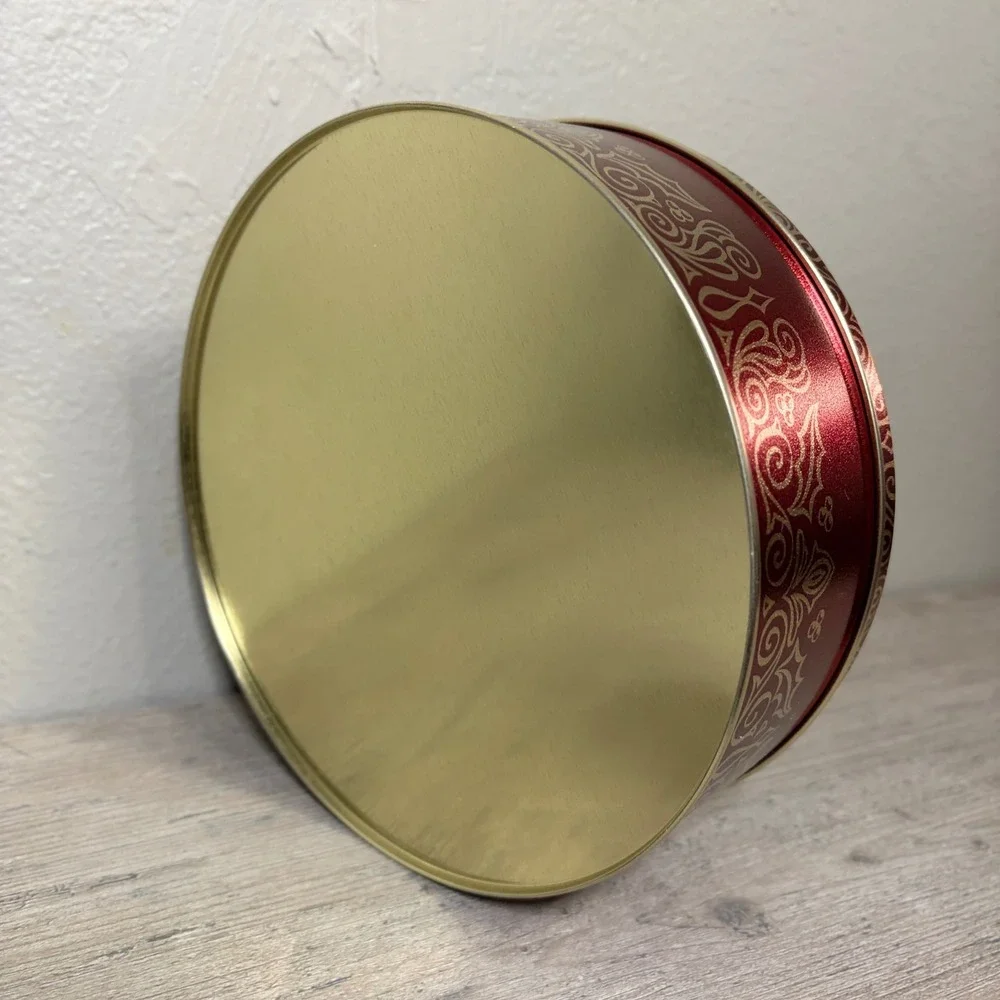 intage 2003 Christmas Cookie Tin Red Metallic Holly Berry Round Holiday Storage